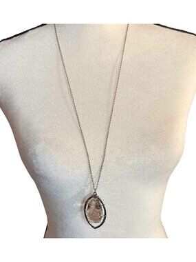 Elegant Teardrop Smoky Stone Pendant Necklace Silver Tone Chain Wire Cage